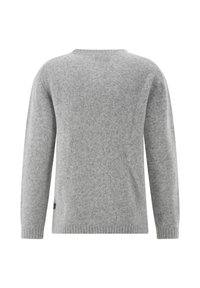 Hellgrauer, langärmeliger Wollpullover mit rundem Ausschnitt sowie Rippbündchen und Saum, von hinten gezeigt.