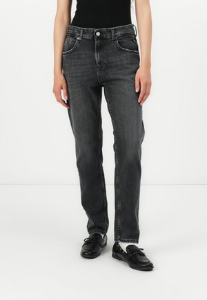 Black denim jeans with a straight-leg design, five pockets, slight fading, and metal hardware details on the waistband.