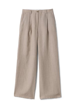 Beige Hosen mit weitem Bein, vorn mit Falten, seitlichen Taschen, Gürtelschlaufen und Knopfverschluss an der Taille.