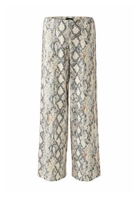 Wijde broek met slangenprint op een lichtbeige basis, met zwart, grijs en subtiele hints van oranje, gecombineerd met zijaccenten.
