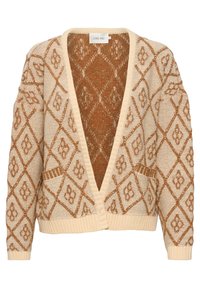Beige cardigan med diamantmönster i brunt, med V-ringning, ribbade ärmmuddar och fickor. Tillverkad av texturerat stickat material.