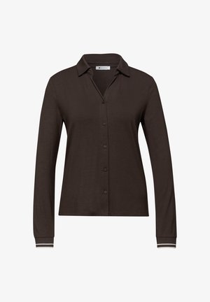 Koszula z długim rękawem zapinana na guziki, wykonana z ciemnobrązowej tkaniny, z kołnierzykiem. Posiada kontrastujące, paskowe mankiety oraz gładką fakturę.