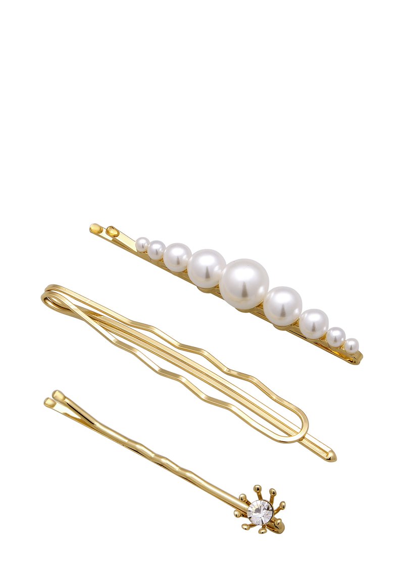 Trois épingles à cheveux : une en or avec des perles blanches, une ondulée en or, et une en or avec un accent ressemblant à un diamant. Toutes présentent des finitions métalliques brillantes.