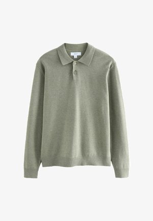 Suéter de punto verde claro con cuello tipo camisa, que cuenta con tres botones y mangas largas. Textura suave y detalles en el dobladillo acanalados.