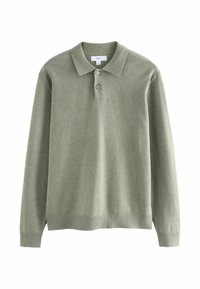 Lichtgroene langslavige polo, gemaakt van zachte stof, met een kraag en een drieknopenpad. Glad textuur overal.