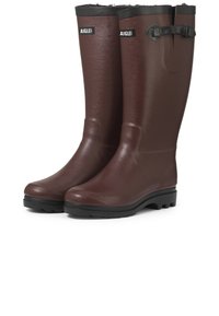 Bottes de pluie en caoutchouc marron avec une texture lisse, des accents noirs, une forme effilée et un détail de boucle en haut pour un ajustement réglable.
