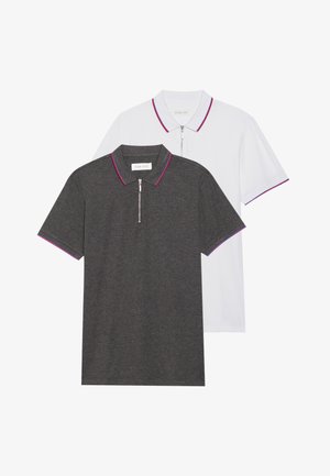 Two polo shirts: one gray, one white. Each features a zipper, short sleeves, and contrasting pink accents on the collar and sleeves.