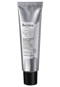 Tubo metallico argentato con tappo nero, etichettato "Gel Purificante e Detergente Bullfrog". Dimensione: 50ml, progettato per mani e barba. Non richiede risciacquo.