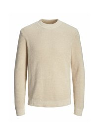 Maglione beige lavorato a maglia con motivo testurizzato, scollo rotondo e polsini e orlo a coste. Il tessuto sembra morbido e leggermente spesso.