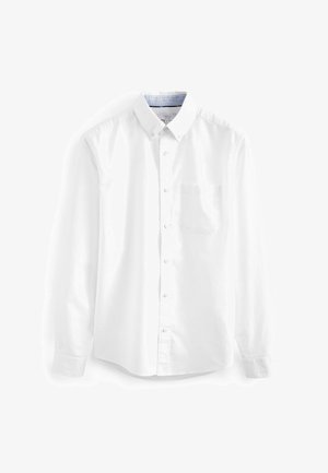 Weißes Baumwollhemd mit Knopfleiste. Verfügt über einen klassischen Kragen, eine einzelne Brusttasche und lange Ärmel. Glatte Textur, ohne Muster.