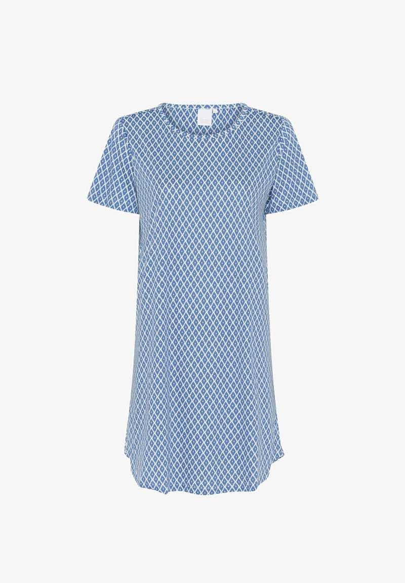 Abito blu a maniche corte con motivo a rombi, realizzato in tessuto leggero, con scollatura rotonda e vestibilità rilassata.