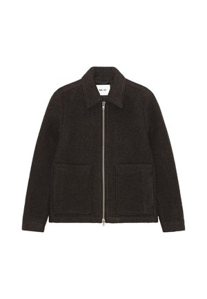 Giacca di lana marrone scuro con cerniera frontale completa, due tasche applicate frontali, maniche lunghe e collo classico.