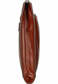 Brown leather clutch with a smooth texture, slim profile, and contrasting dark trim. Features a secure clasp closure at the top.