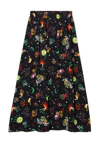 Jupe noire avec un motif coloré et ludique comportant des soleils, des lunes et des étoiles. Taille élastique et design fluide.