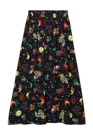 Schwarze Rock mit einem bunten, verspielten Muster aus Sonnen, Monden und Sternen. Elastischer Bund und ein luftiges Design.