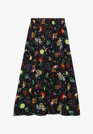 Black skirt featuring a colorful, playful pattern with suns, moons, and stars. Elastic waistband and a flowy design.