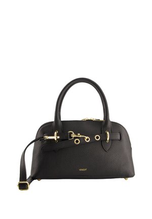 Black leather handbag with a textured finish, gold hardware accents, dual handles, and a removable shoulder strap. Zipper closure at the top.