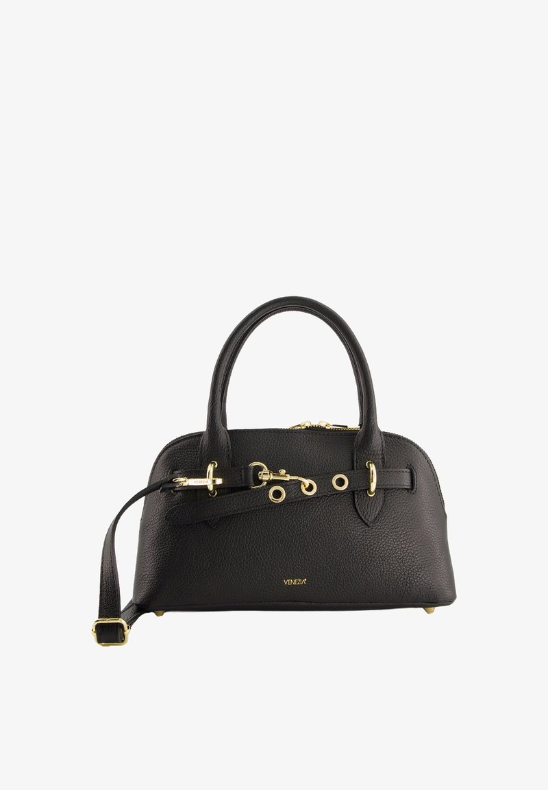 Schwarze Lederhandtasche mit strukturiertem Finish, goldenen Hardware-Akzenten, doppelten Griffen und einem abnehmbaren Schultergurt. Reißverschluss oben.