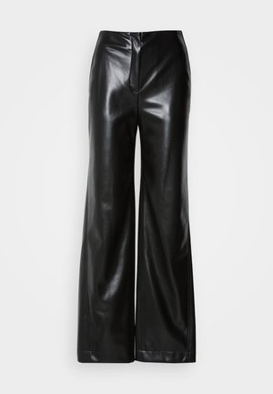 Black leather wide-leg pants with smooth texture, high waist, and a concealed front zip closure. Tailored fit with a clean finish.