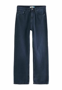 Jeans drepti de culoare albastru închis, cu talie medie, buzunare frontale, bucle pentru brâu, inchidere cu nasture și fermoar.