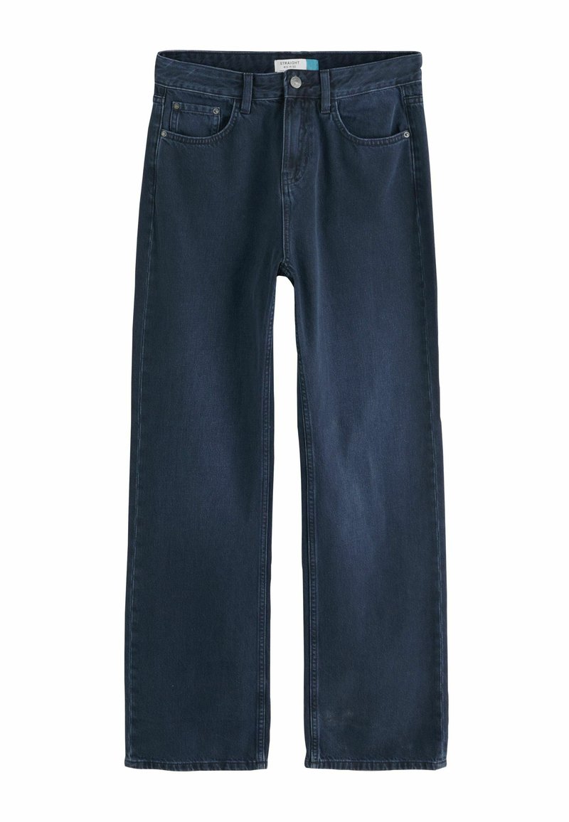 Jeans drepti de culoare albastru închis, cu talie medie, buzunare frontale, bucle pentru brâu, inchidere cu nasture și fermoar.