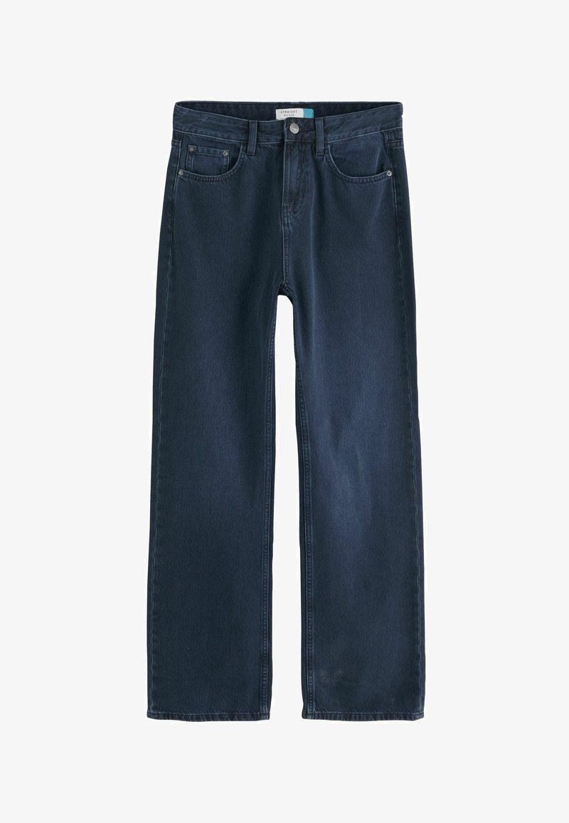 Jeans drepti de culoare albastru închis, cu talie medie, buzunare frontale, bucle pentru brâu, inchidere cu nasture și fermoar.