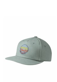 Gorra de algodón verde claro con visera curvada. Presenta un logo bordado "Cool Vibes Only" en amarillo y naranja en el frente.