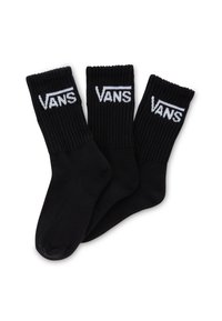 Czarne skarpetki bawełniane z prążkowanymi mankietami, z białym logo "VANS" z przodu. Standardowa długość do kostek z gładką fakturą. Zestaw trzech par.