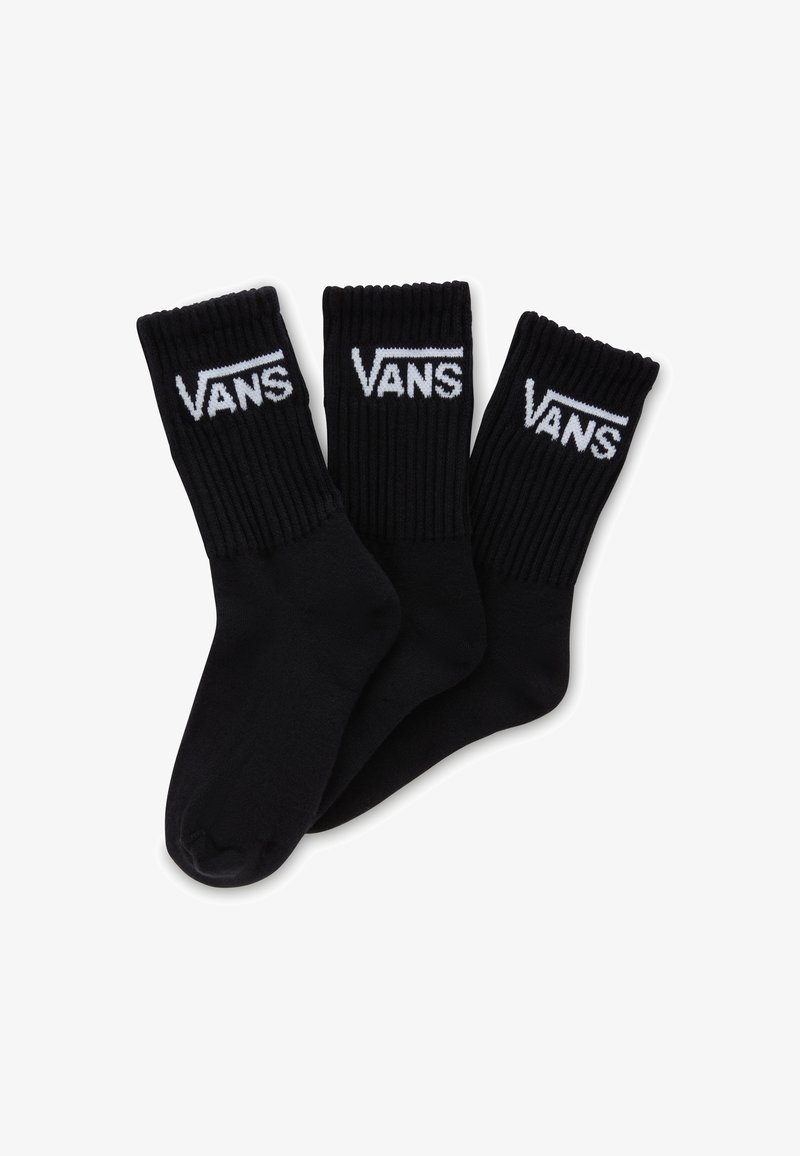 Calcetines de algodón negros con puños acanalados, que presentan el logo blanco de "VANS" en la parte frontal. Longitud estándar de media caña con textura suave. Juego de tres pares.