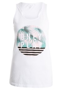 Biały tank top z okrągłą grafiką przedstawiającą liście palmowe oraz tekstem "ONLY PLAY", ozdobiony różowymi i czarnymi paskami.