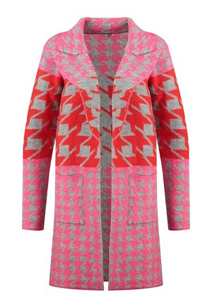 Long open-front knit cardigan with pink, red, and gray large and small houndstooth pattern and two front pockets.