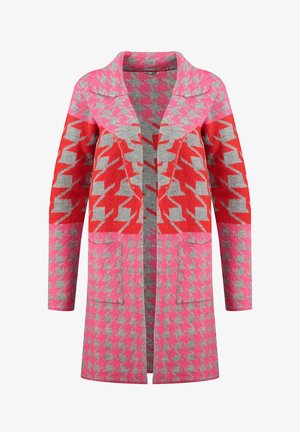 Long open-front knit cardigan with pink, red, and gray large and small houndstooth pattern and two front pockets.