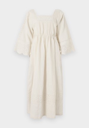 Cream-colored linen dress with a square neckline, flared sleeves, and decorative eyelet lace trim. Features gathered waist and pleated details.