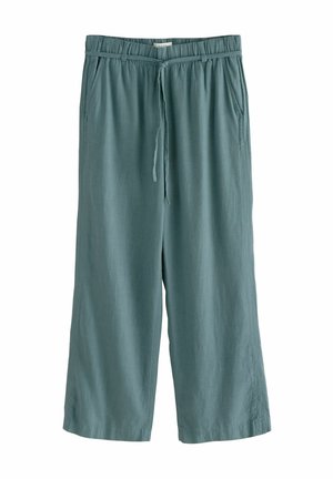 Weit geschnittene, türkisfarbene Hose mit elastischem Bund, Kordelzug, Gürtelschlaufen und Seitentaschen, hergestellt aus leichtem Stoff.