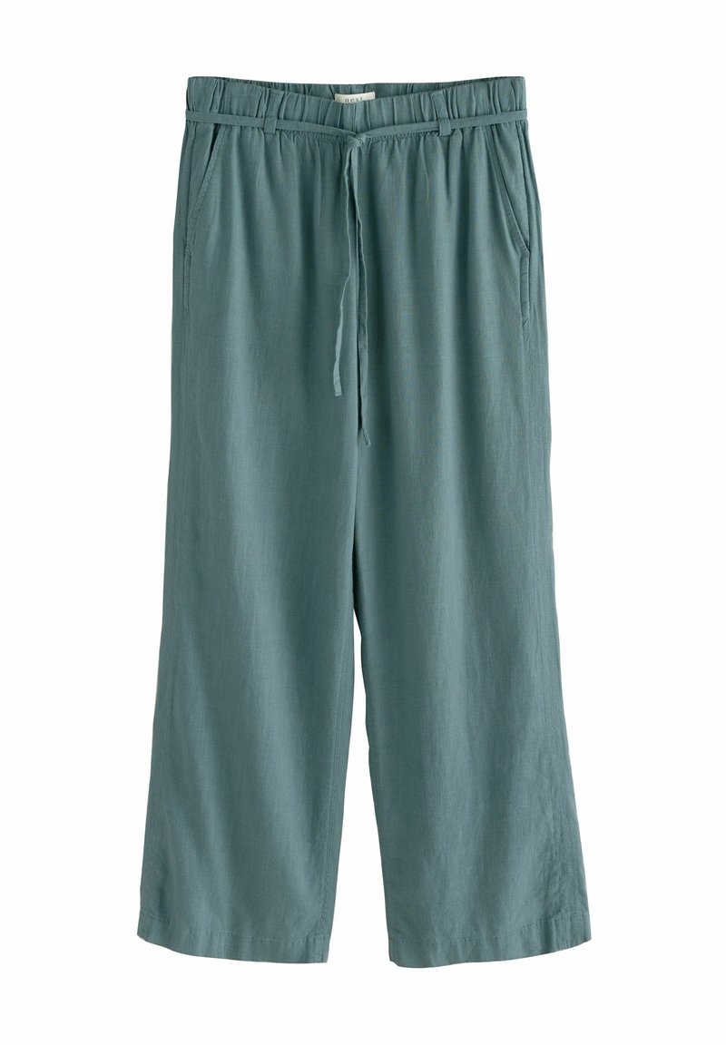 Pantalon ample de couleur sarcelle avec taille élastique, cordon de serrage, passants pour ceinture et poches latérales, fabriqué en tissu léger.