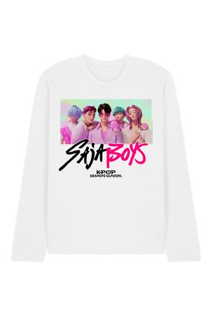 White long-sleeve shirt with colorful animated K-pop boy band, "Saia Boys," and text "K-POP Demon Hunters" on the front.
