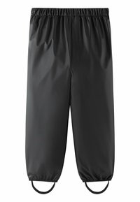 Schwarze wasserdichte Hose mit elastischem Bund, schmal zulaufenden Bündchen und seitlichen Schlaufen für zusätzliche Sicherheit. Hergestellt aus glattem, glänzendem Material.