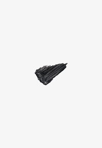 Campione di trucco nero carbone con un bordo texturizzato e irregolare, che mostra linee sottili e una finitura lucida su uno sfondo bianco.