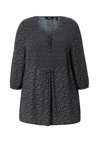 Tunique florale gris foncé avec des manches longues, décolleté arrondi, corsage smocké et taille froncée pour un ajustement ample, fabriquée en tissu léger.