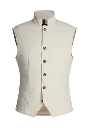 Sleeveless cream-colored padded vest with stand collar, five brown buttons, and two front horizontal pockets.