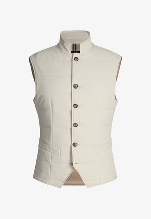Sleeveless cream-colored padded vest with stand collar, five brown buttons, and two front horizontal pockets.
