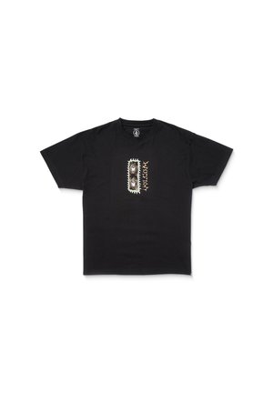 Black cotton t-shirt featuring a central graphic in white and gold tones with abstract circular and linear patterns. Short sleeves, crew neck.