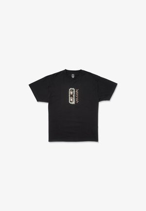 Czarna bawełniana koszulka z krótkim rękawem, ozdobiona centralnym graficznym wzorem w białych i złotych odcieniach, z abstrakcyjnymi okrągłymi i liniowymi motywami. Okrągły dekolt.