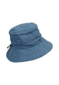 Kék farmer anyagú kalap, puha textúrával, széles karimával és hátul állítható zsinórral. Kis fekete díszgombbal rendelkezik.