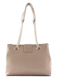 Beige leather handbag with a textured finish, silver chain shoulder straps, and metal accents. Features a flat closure and rectangular shape.