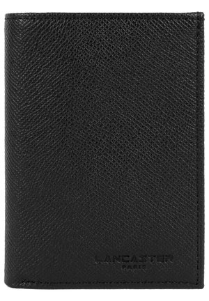 Black leather wallet with a textured finish, featuring embossed "LANCASTER PARIS" branding at the bottom. Compact rectangular shape.
