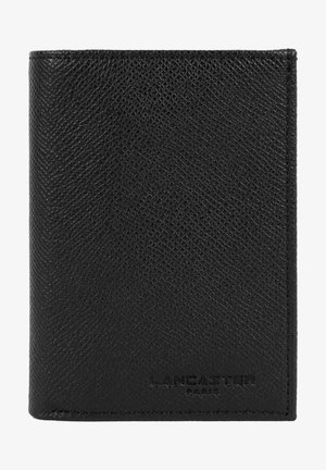Black leather wallet with a textured finish, featuring embossed "LANCASTER PARIS" branding at the bottom. Compact rectangular shape.