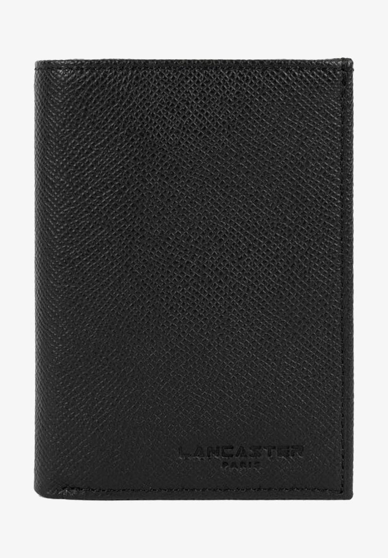 Black leather wallet with a textured finish, featuring embossed "LANCASTER PARIS" branding at the bottom. Compact rectangular shape.