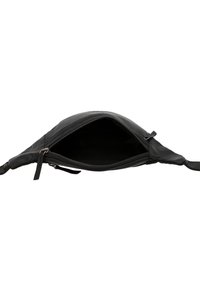 Černá kožená taška se zipovým uzavřením, má hladký povrch a měkkou vnitřní podšívku. Připojený popruh pro snadné nošení.