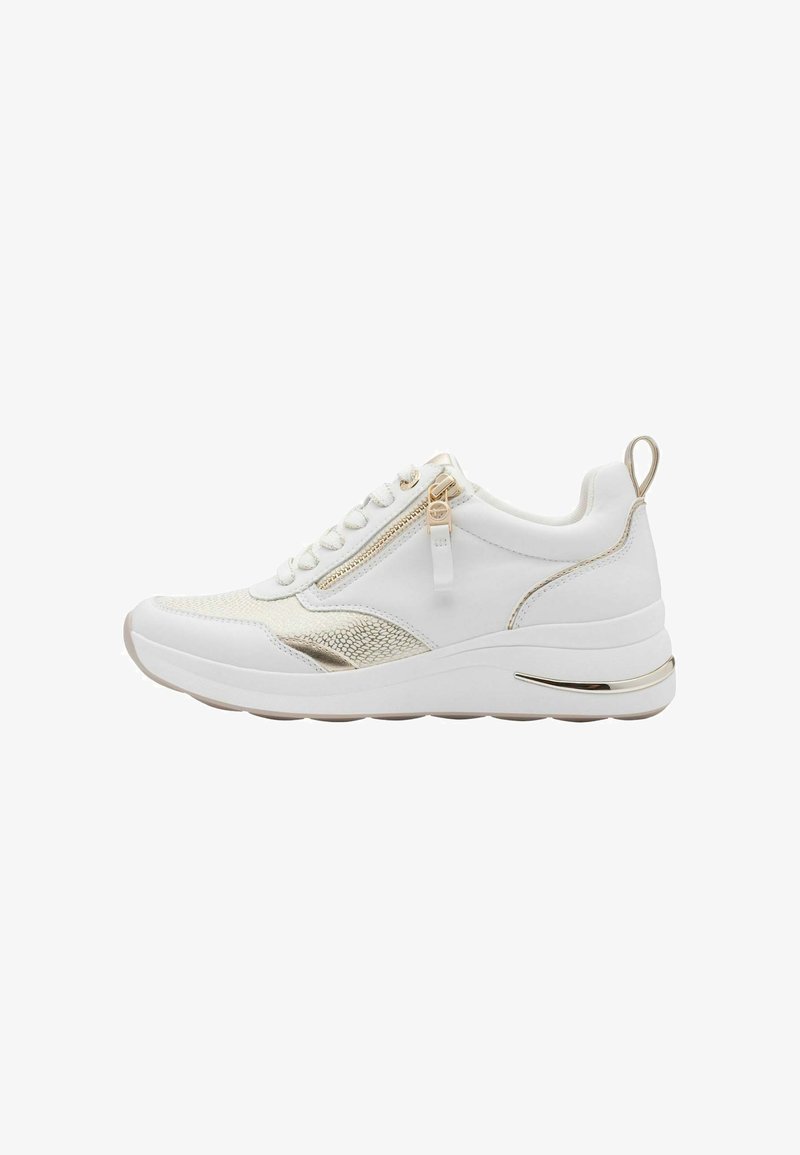 White sneaker with metallic gold accents, mesh detailing, lace-up front, side zipper, and a thick, cushioned sole for comfort.